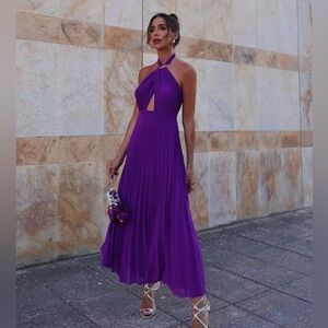 NWT ZARA HALTER PLEATED MIDI DRESS WITH CUT-OUT - PURPLE - M 3564/179